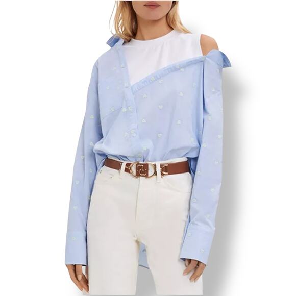 Maje Off-Shoulder Heart Pattern Pop Over  Poplin Blouse Women's S Blue White - Picture 1 of 11